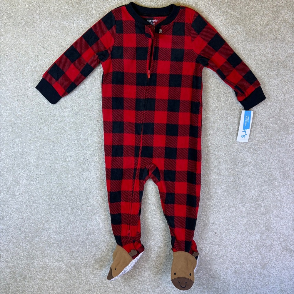 Carter's Footed Pajamas Baby 18M Red Black Buffalo Plaid Reindeer Christmas NEW